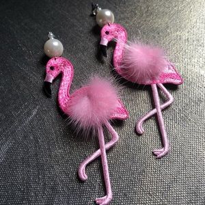 Flamingo handmade Pom Pom pearl statement earrings